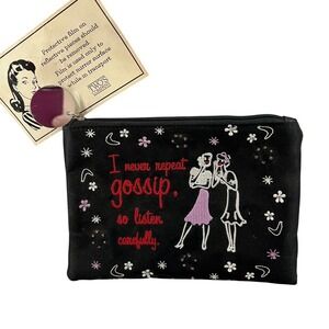 Two's Company Retro Gossip Embroidered Makeup Bag Black Satin Pouch with Mirror